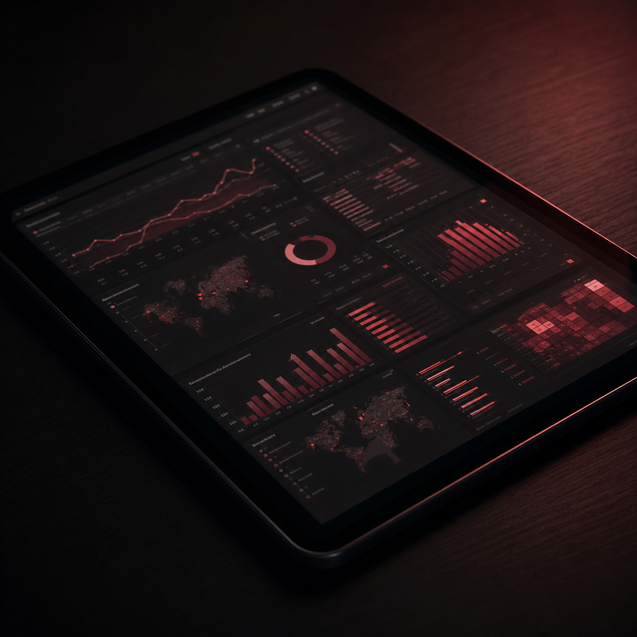 Tablet com painel analítico em tons escuros