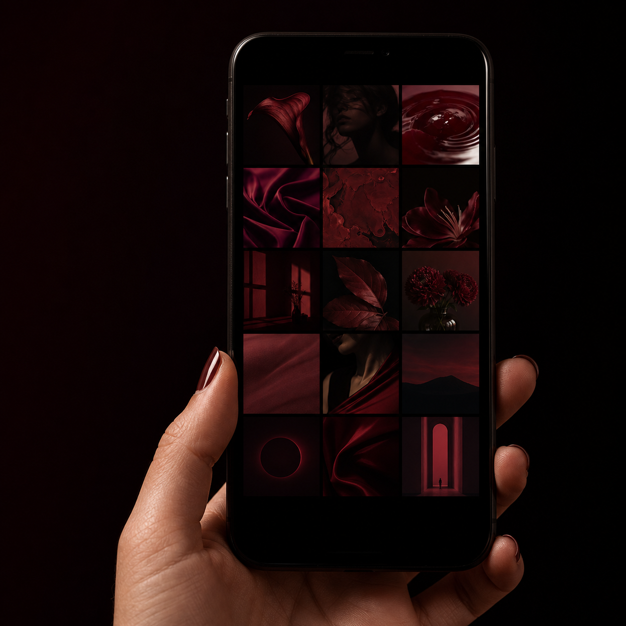 Celular exibindo uma grade visual em tons vinho